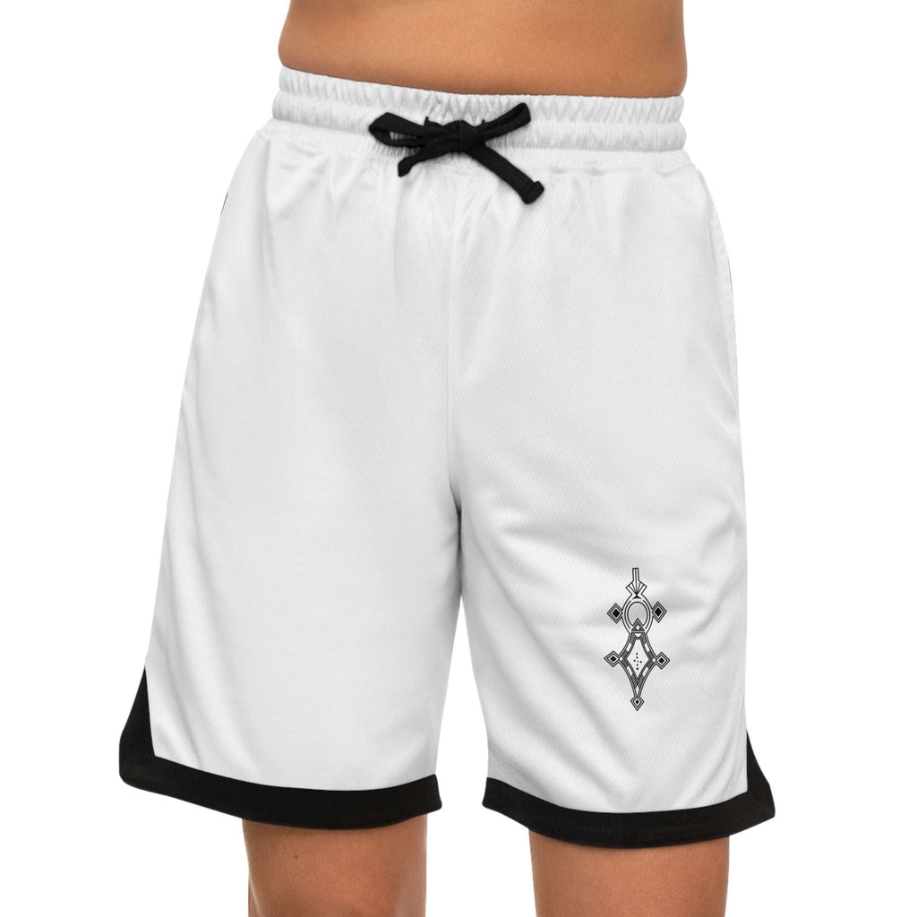 White basketball rib shorts with black detailing and moisture-wicking polyester fabric