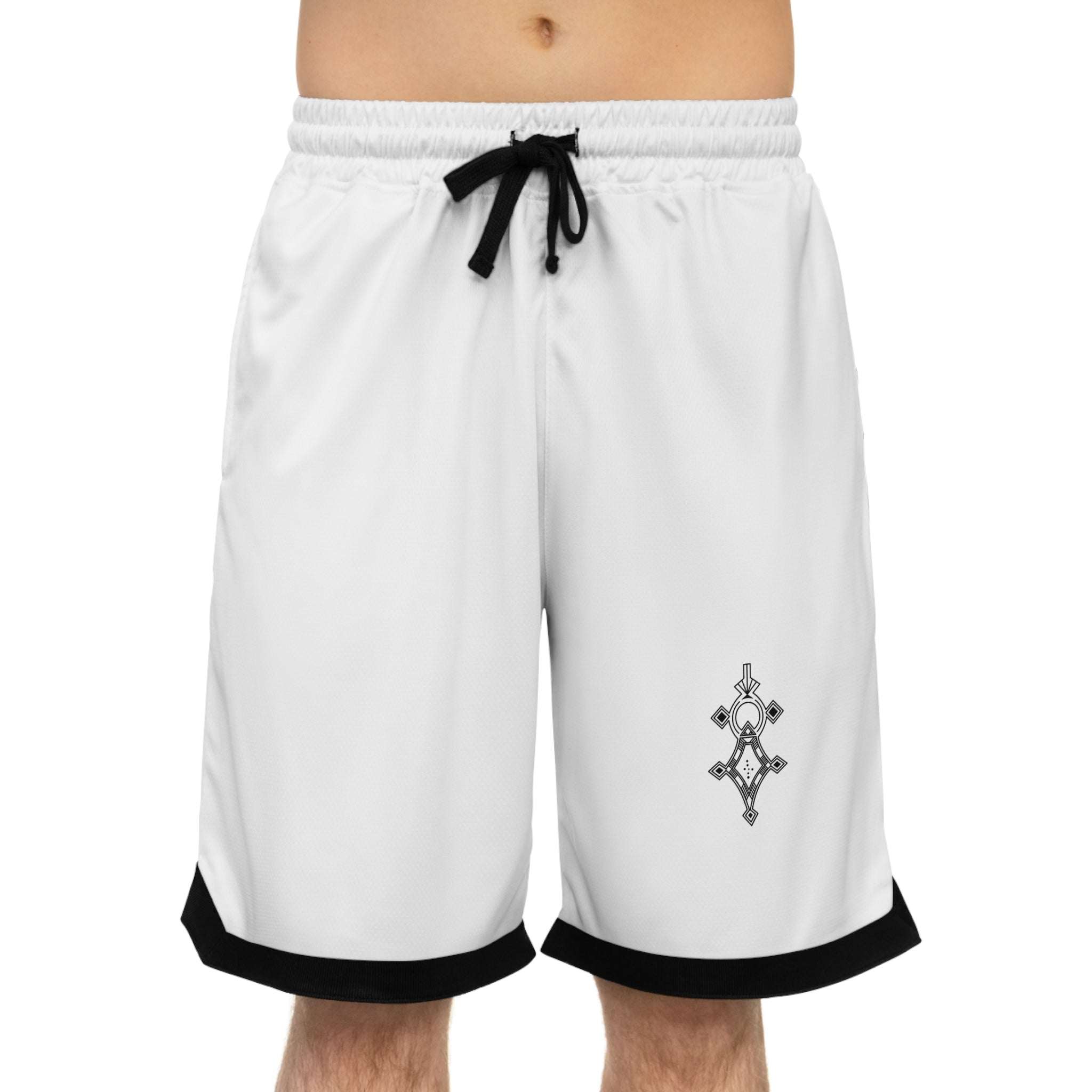 White basketball rib shorts with black detailing and graphic design, made of moisture-wicking polyester.