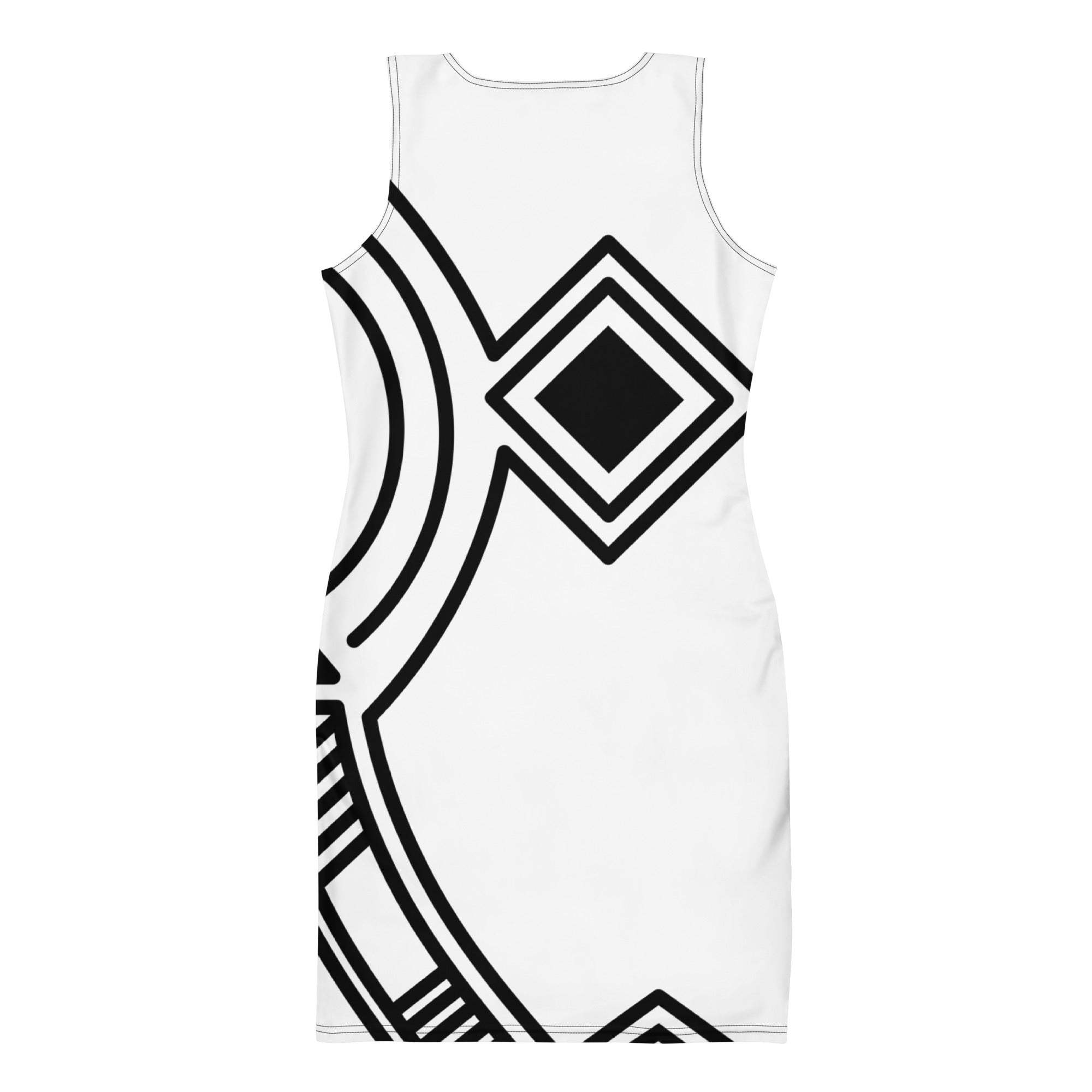 White and black geometric pattern bodycon dress with four-way stretch and fitted design