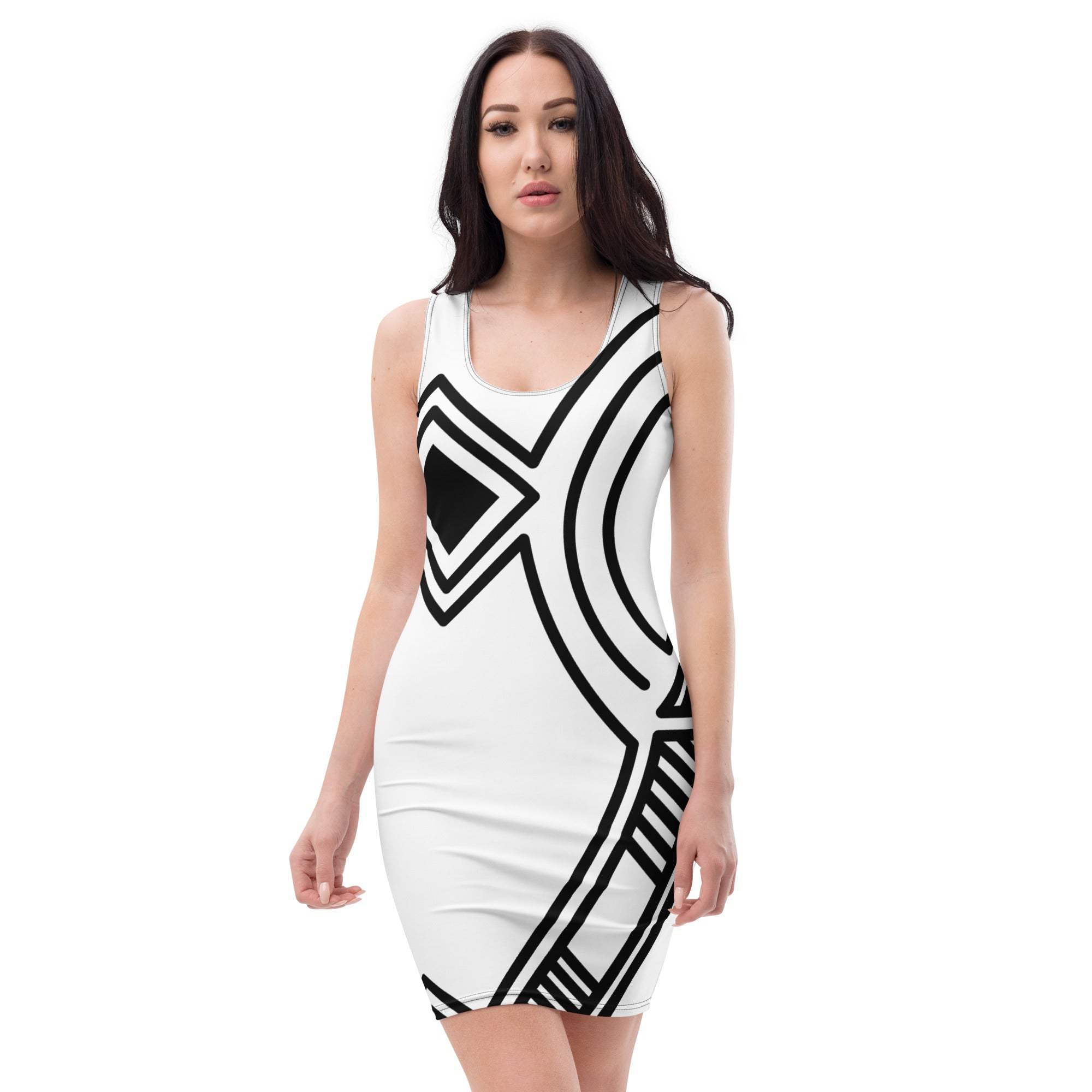 Woman wearing white and black patterned bodycon dress with four-way stretch microfiber fabric