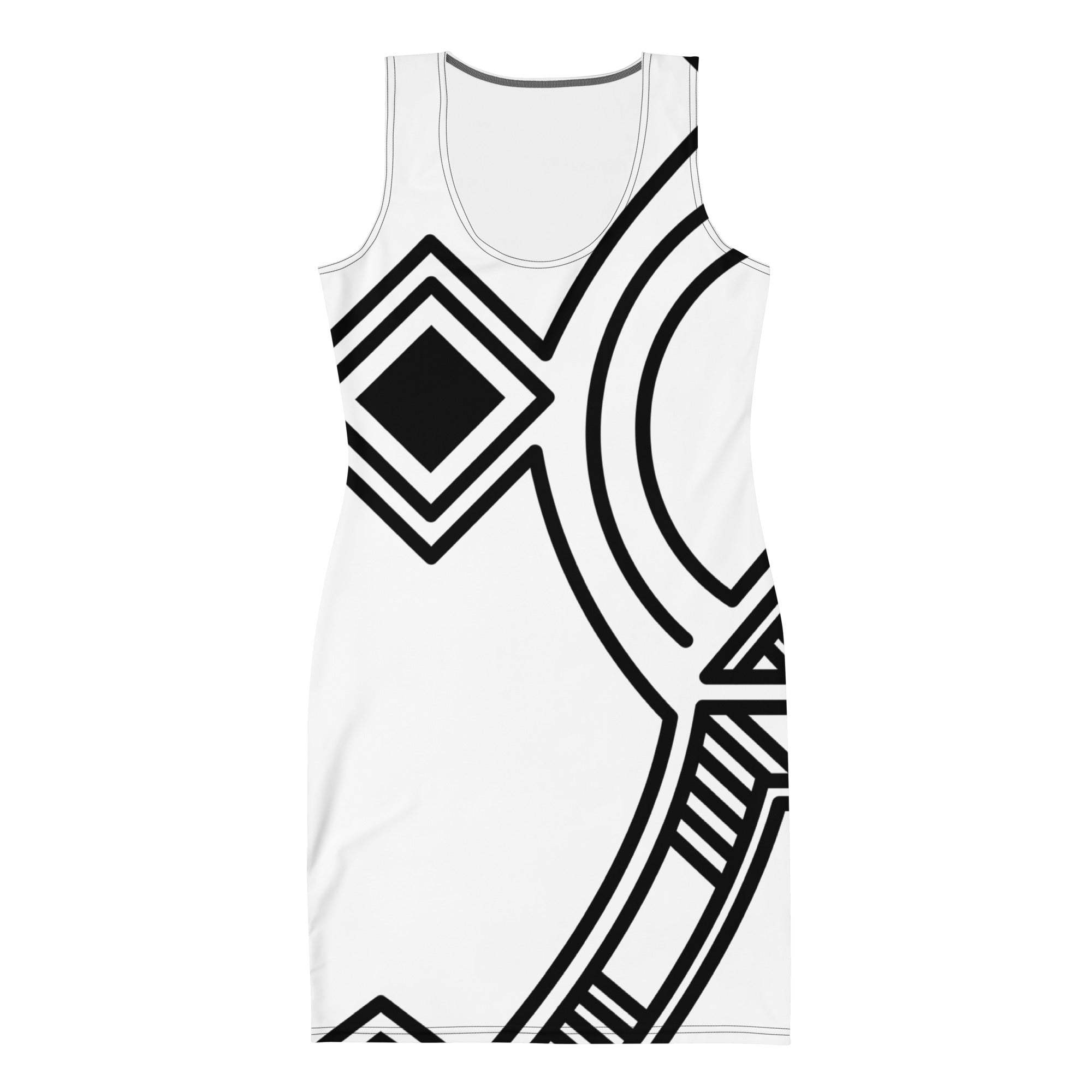 White and black geometric patterned fitted bodycon dress with four-way stretch microfiber fabric