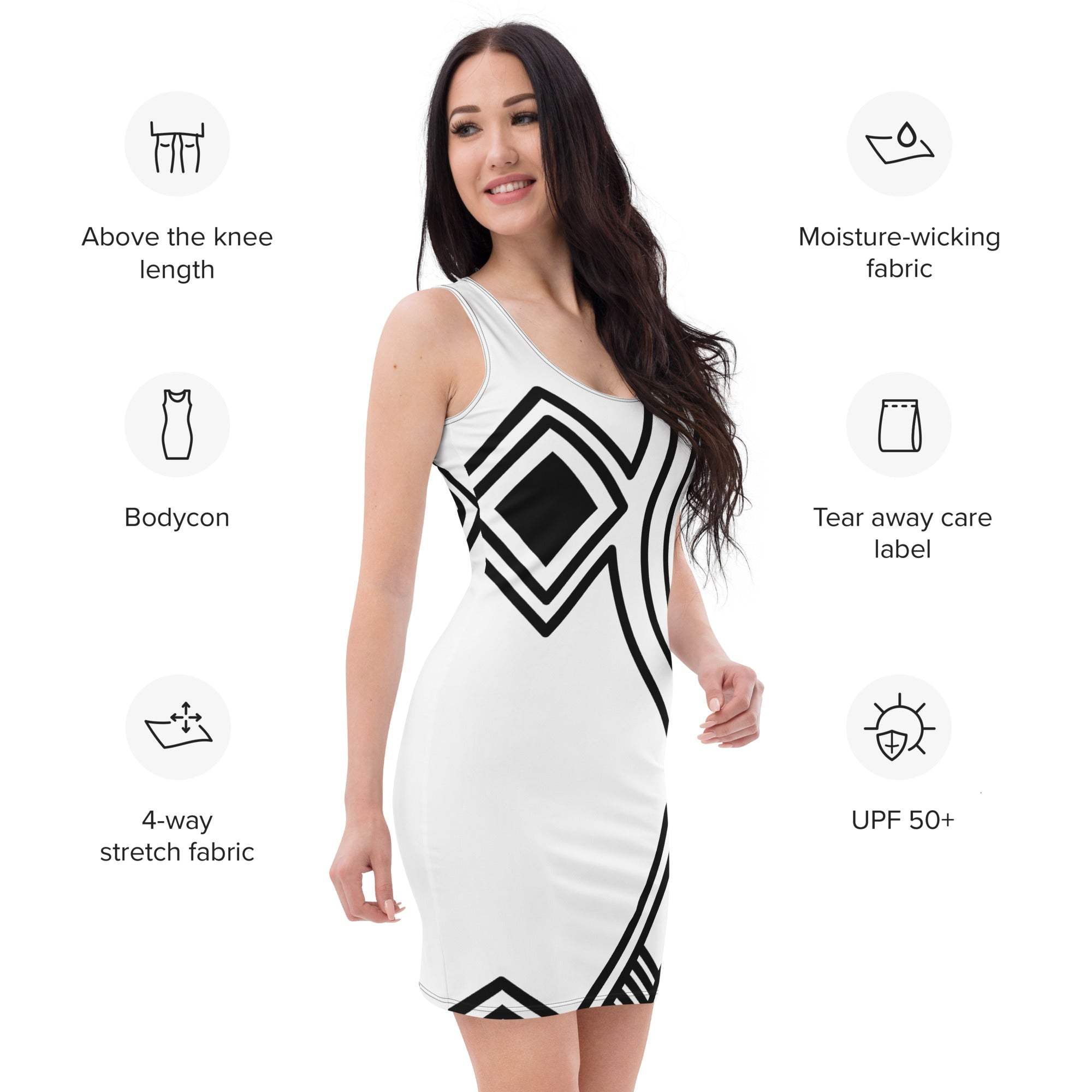 Woman wearing white bodycon dress with black geometric print and four-way stretch fabric